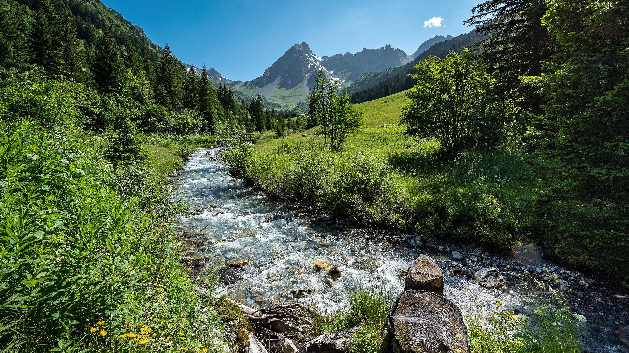 Paysage ensoleillée de la montagne et d'une rivière en été aux Contamines-Hauteluce