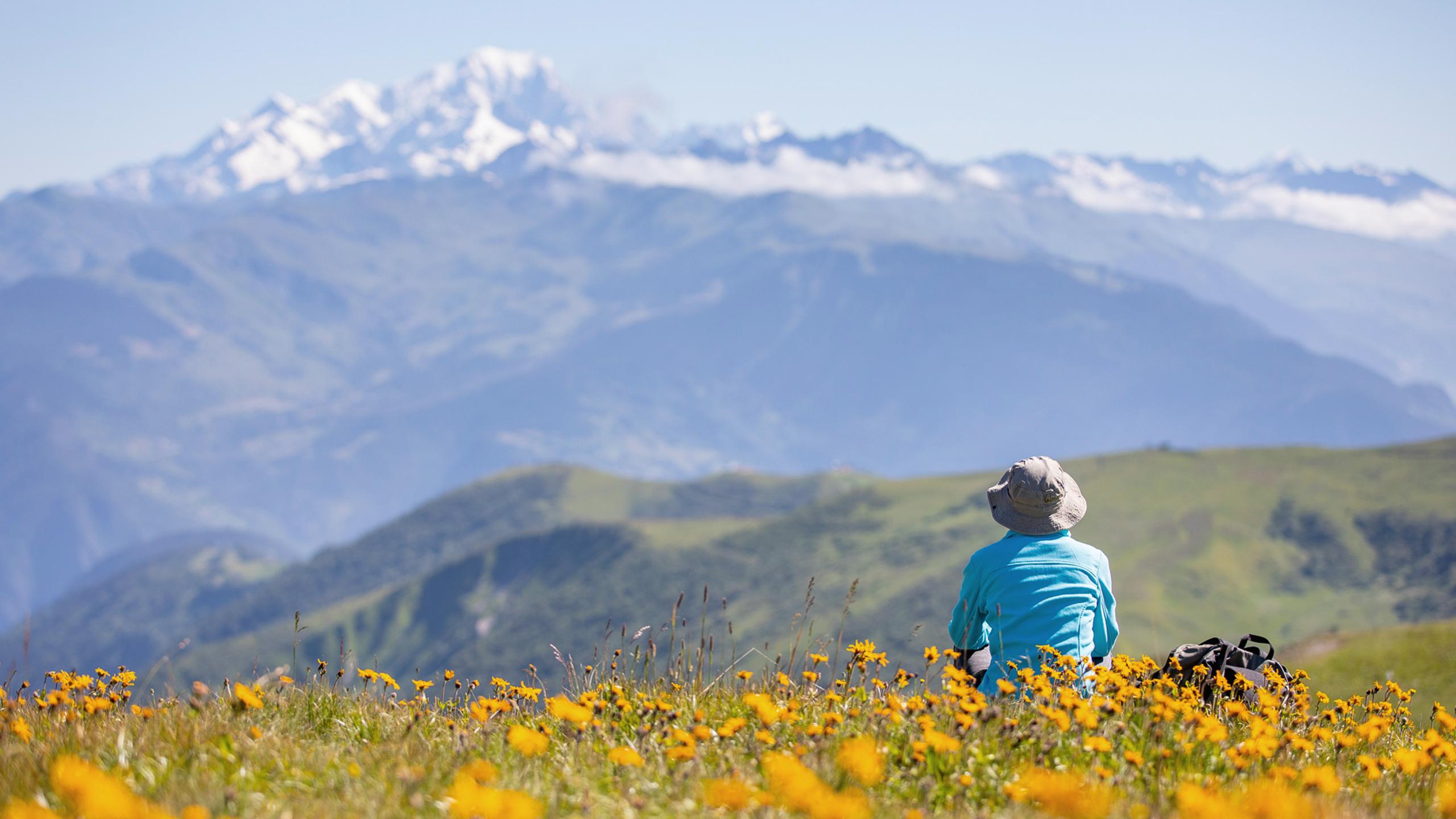 Un homme de dos admire la vue sur la chaîne de montagne du Grand Domaine