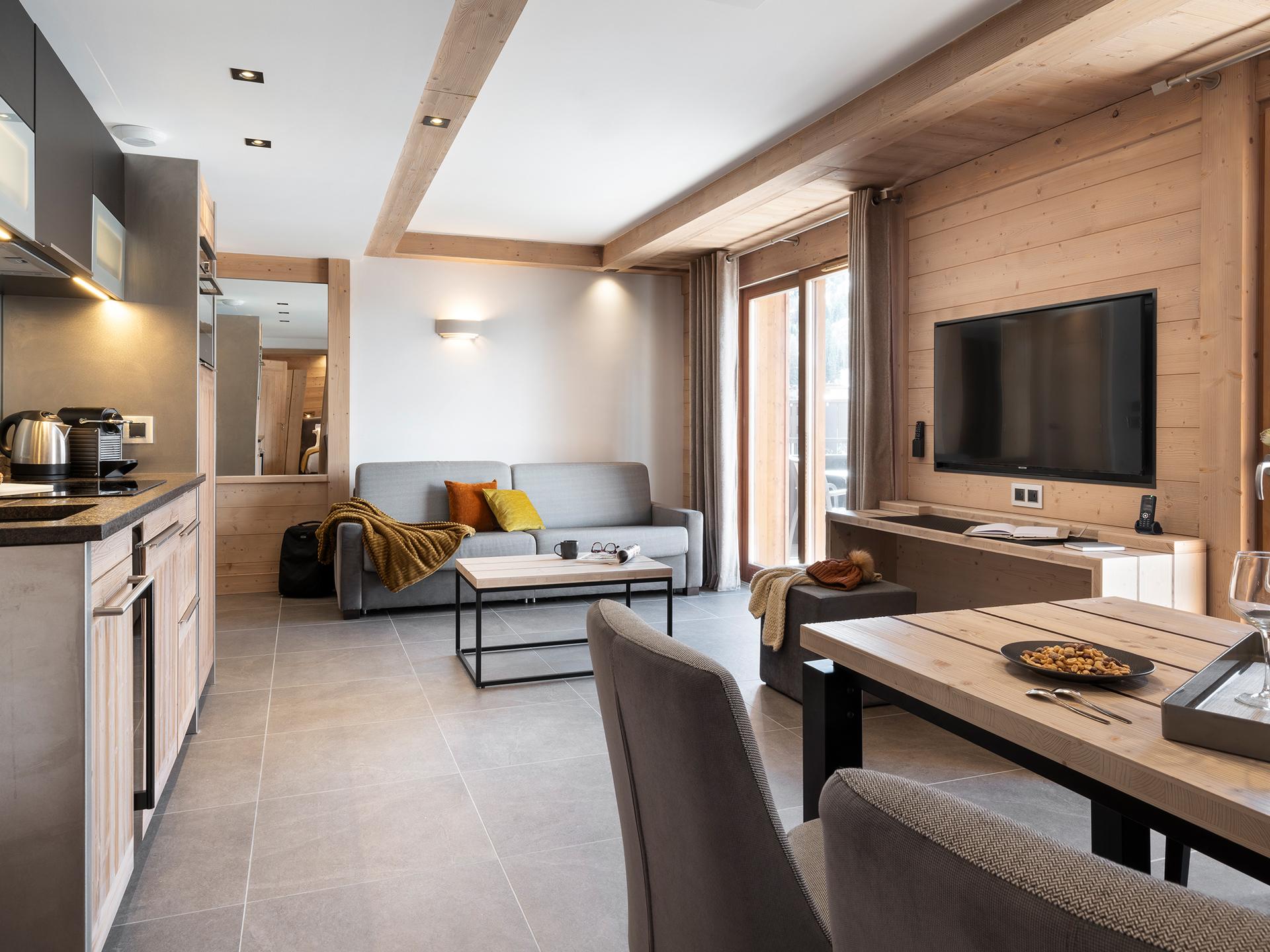 Pièce à vivre d'un appartement de la résidence Akoya à Valmorel