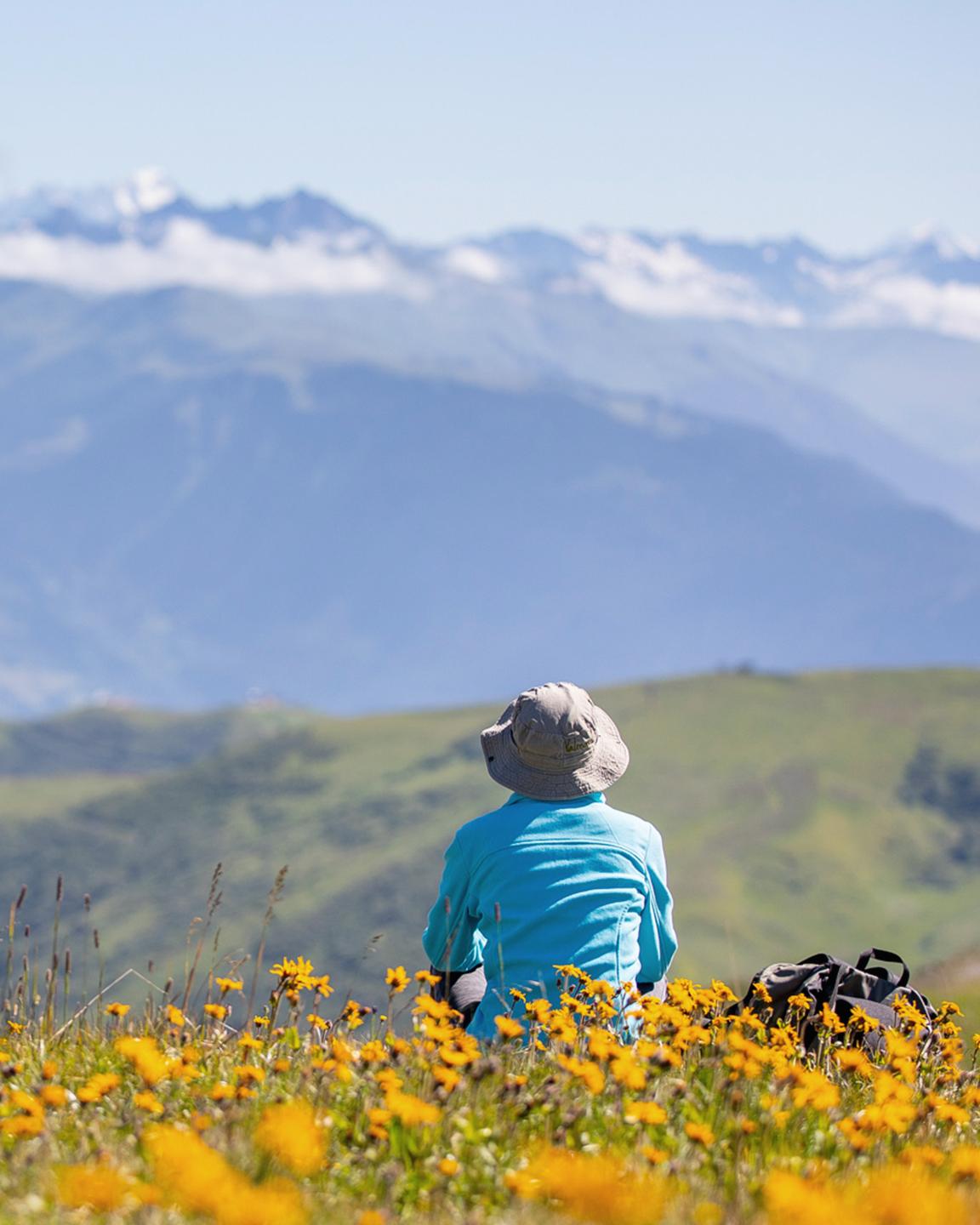 Un homme de dos admire la vue sur la chaîne de montagne du Grand Domaine