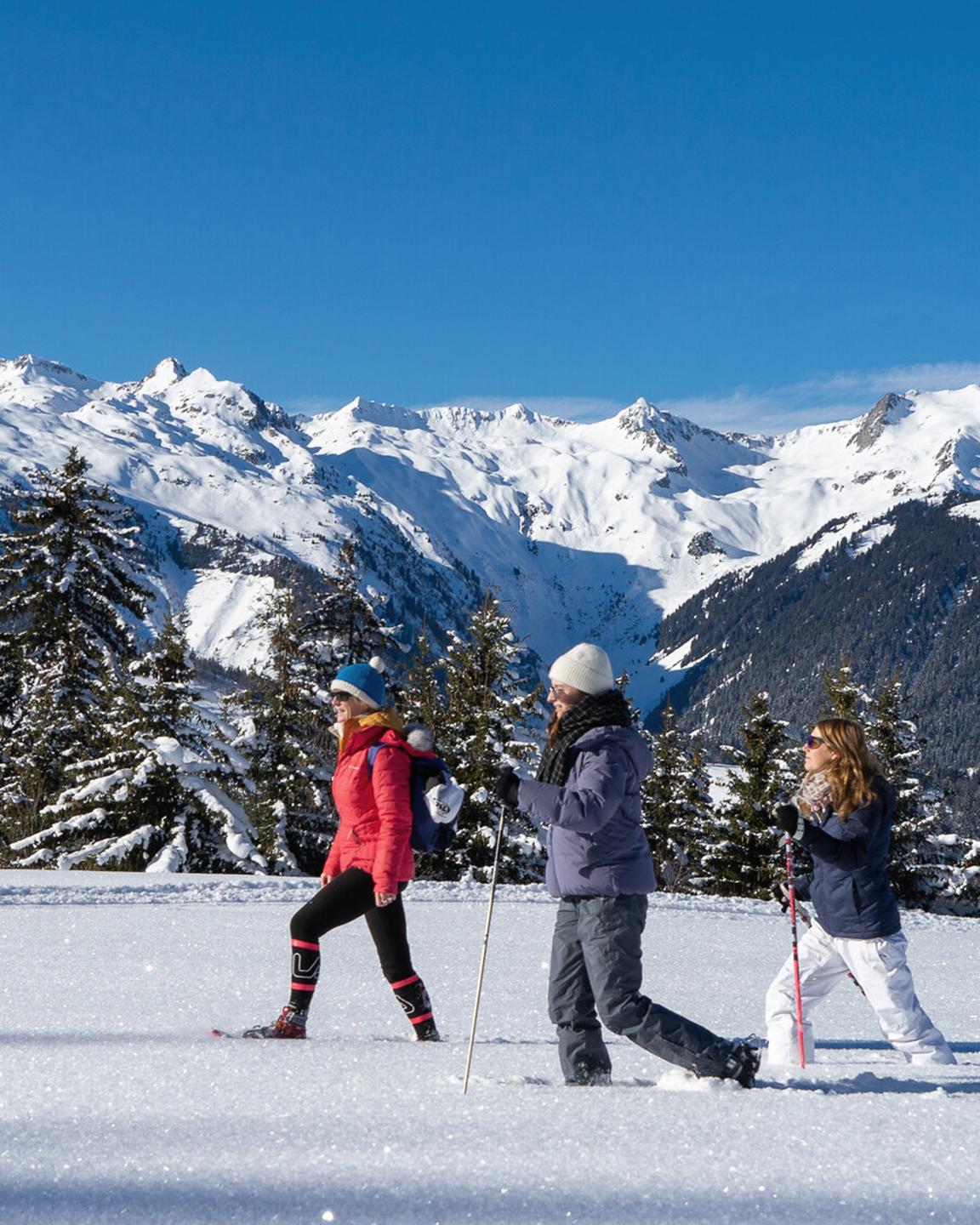 Un groupe de personnes se baladent en raquettes au Grand Domaine en Savoie